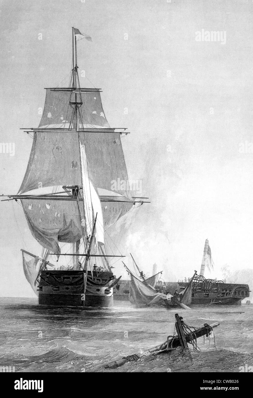 La guerre de 1812, la frégate américaine Constitution bat le navire de guerre britannique guerrière, le 19 août 1812 Banque D'Images