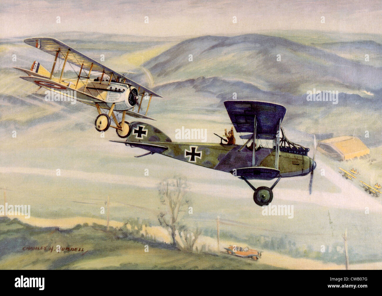 Première Guerre mondiale bataille de l'air française 7 avec Spad biplan piloté par le capitaine Georges Guynemer attaquant allemand Albatros C-3 biplan, Banque D'Images