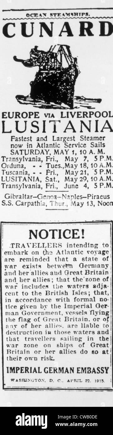 La Première Guerre mondiale, à l'annonce de journal du Lusitania et communiqué de l'ambassade allemande de passagers d'avertissement Banque D'Images
