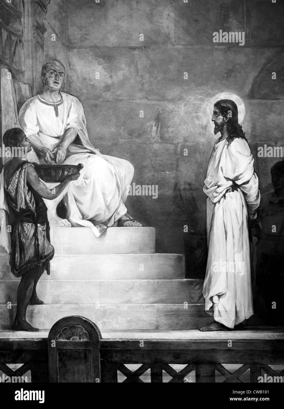 Dessin Original Baroque XVIIe - Christ Devant Pilate - École Italienne - Pinceau Sur Papier