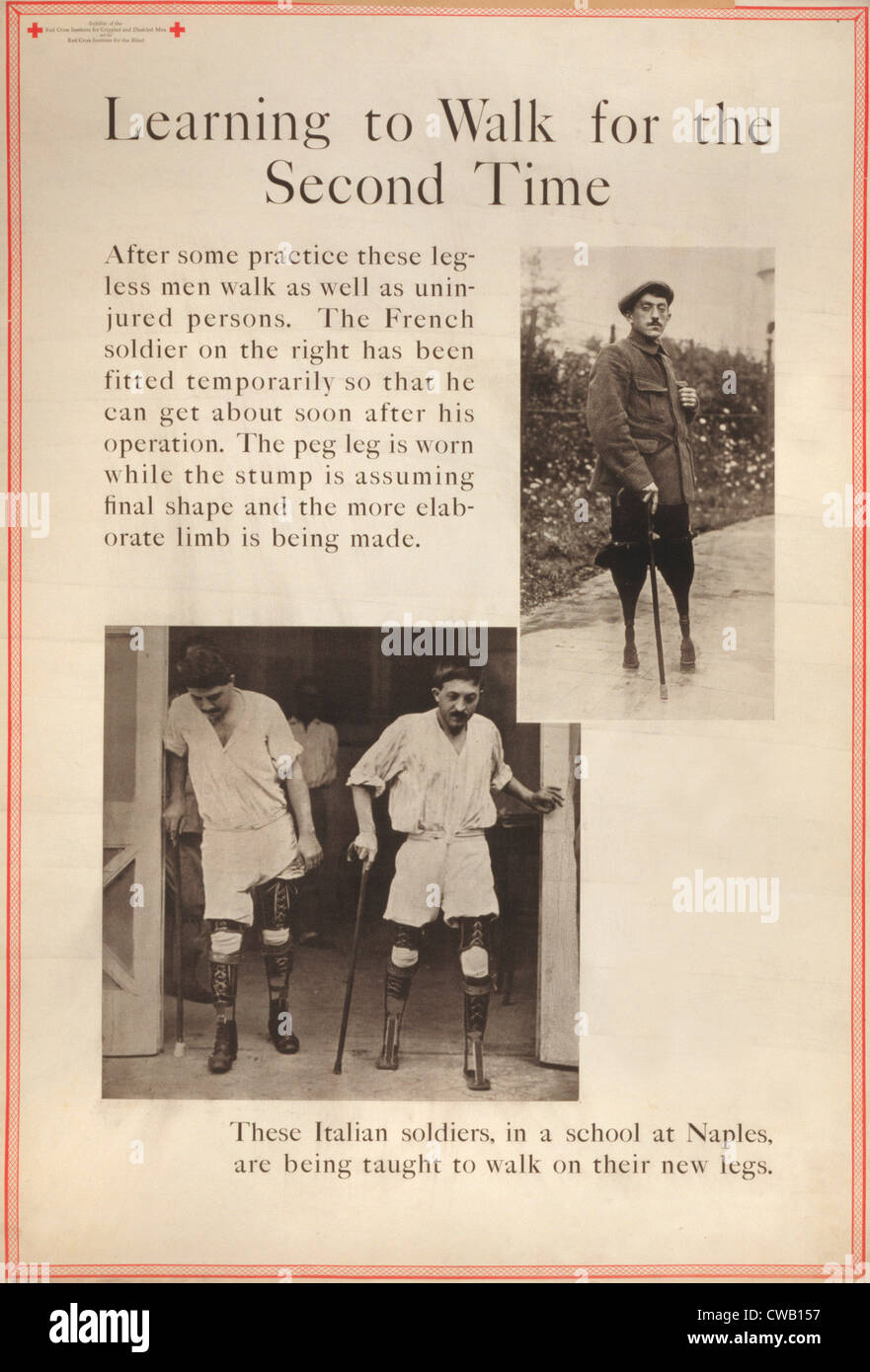 La Première Guerre mondiale, la croix rouge affiche montrant deux scènes dans lesquelles des soldats français et italiens avec pied double amputation sont Banque D'Images