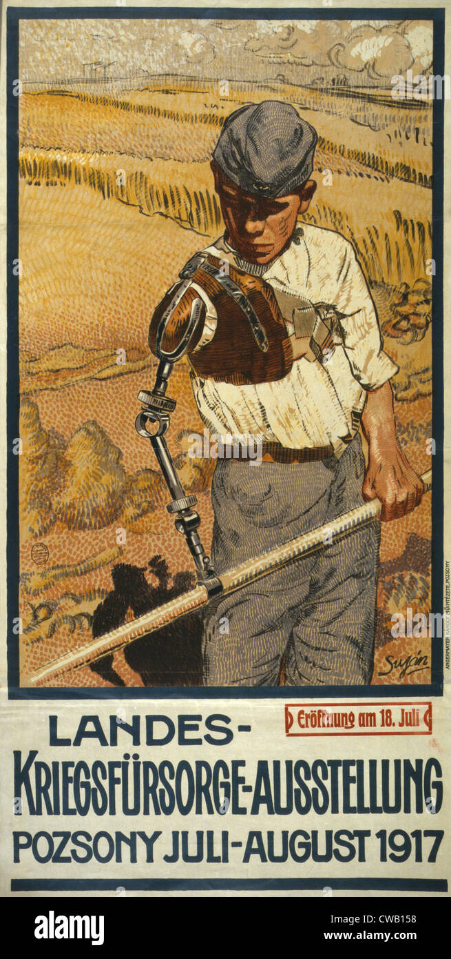 La Première Guerre mondiale, affiche allemande montre un vétéran handicapé avec une prothèse de bras à l'aide d'une faux à la récolte du blé, le texte annonce Banque D'Images