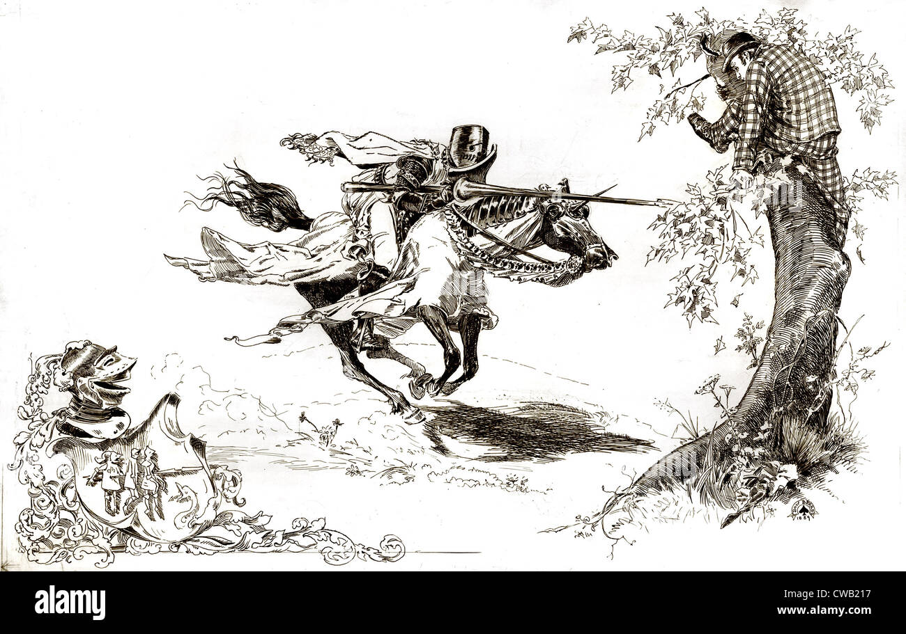 American Illustration, chevalier en armure les laisser à l'homme en robe moderne en arbre sur lequel l'homme en robe moderne a grimpé pour Banque D'Images