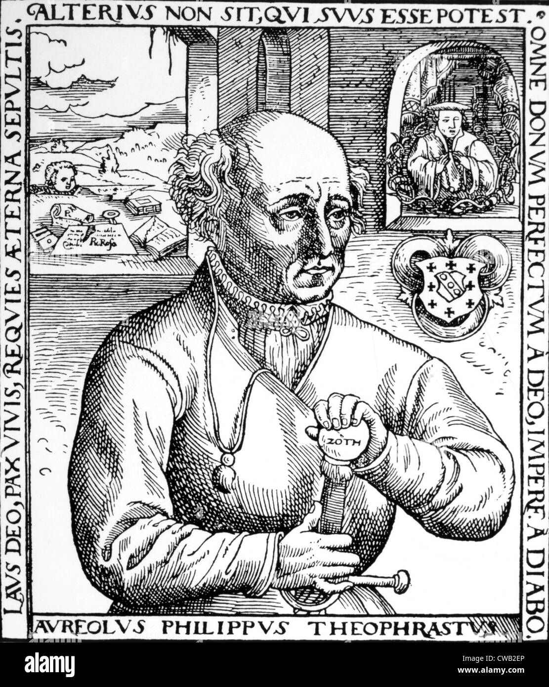 Philippus Aureolus Paracelsus (ca. 1493-1541), gravure sur bois de Paracelse, 'Astronomica et estrologia' opuscula Cologne, 1567 Banque D'Images