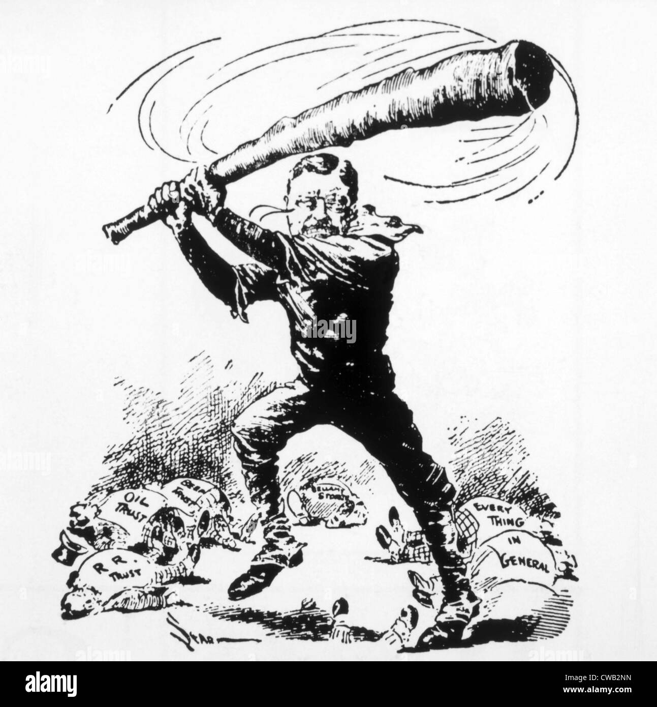Le président Theodore Roosevelt montre sa main 'Big Stick' contre les trusts en caricature politique, 1902 Banque D'Images