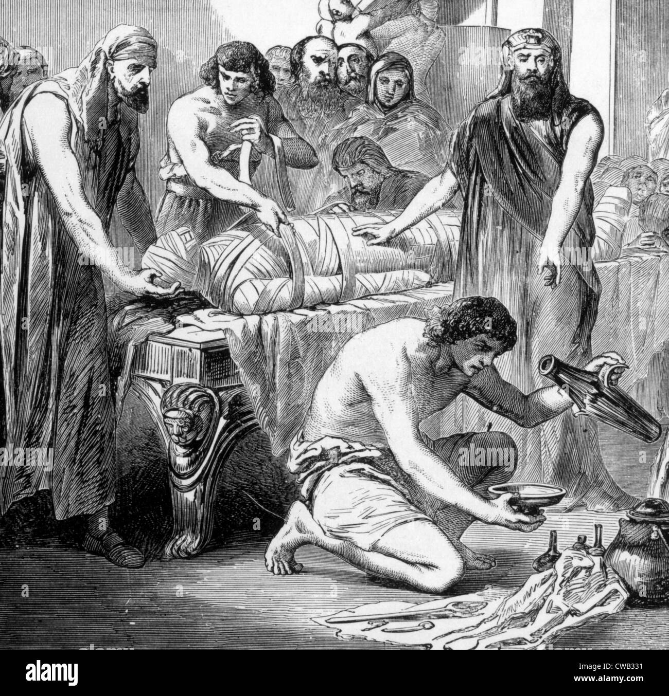 L'embaumement dans l'Egypte ancienne, gravure 1892 Banque D'Images