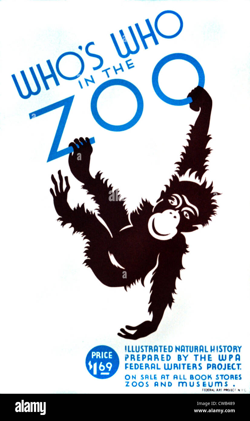 Affiche publicitaire de WPA Federal Writers' Project guide illustré de l'histoire naturelle, le texte dit ceci : "Qui est qui dans le zoo Banque D'Images