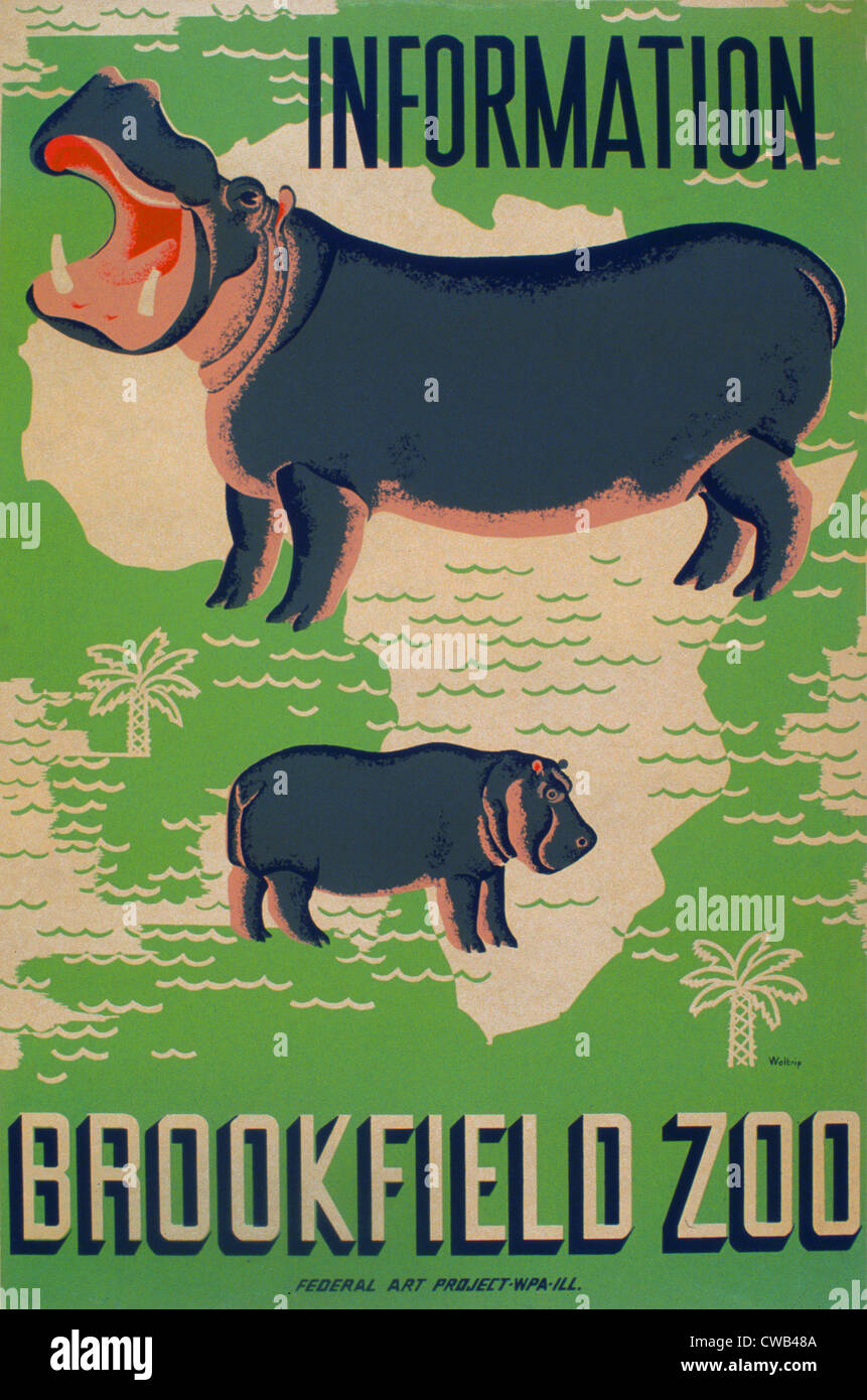 Affiche pour le zoo de Brookfield, montrant les hippopotames en surimpression sur les grandes lignes de l'Afrique, de l'imprimer par Mildred Waltrip, 1936-1938. Banque D'Images