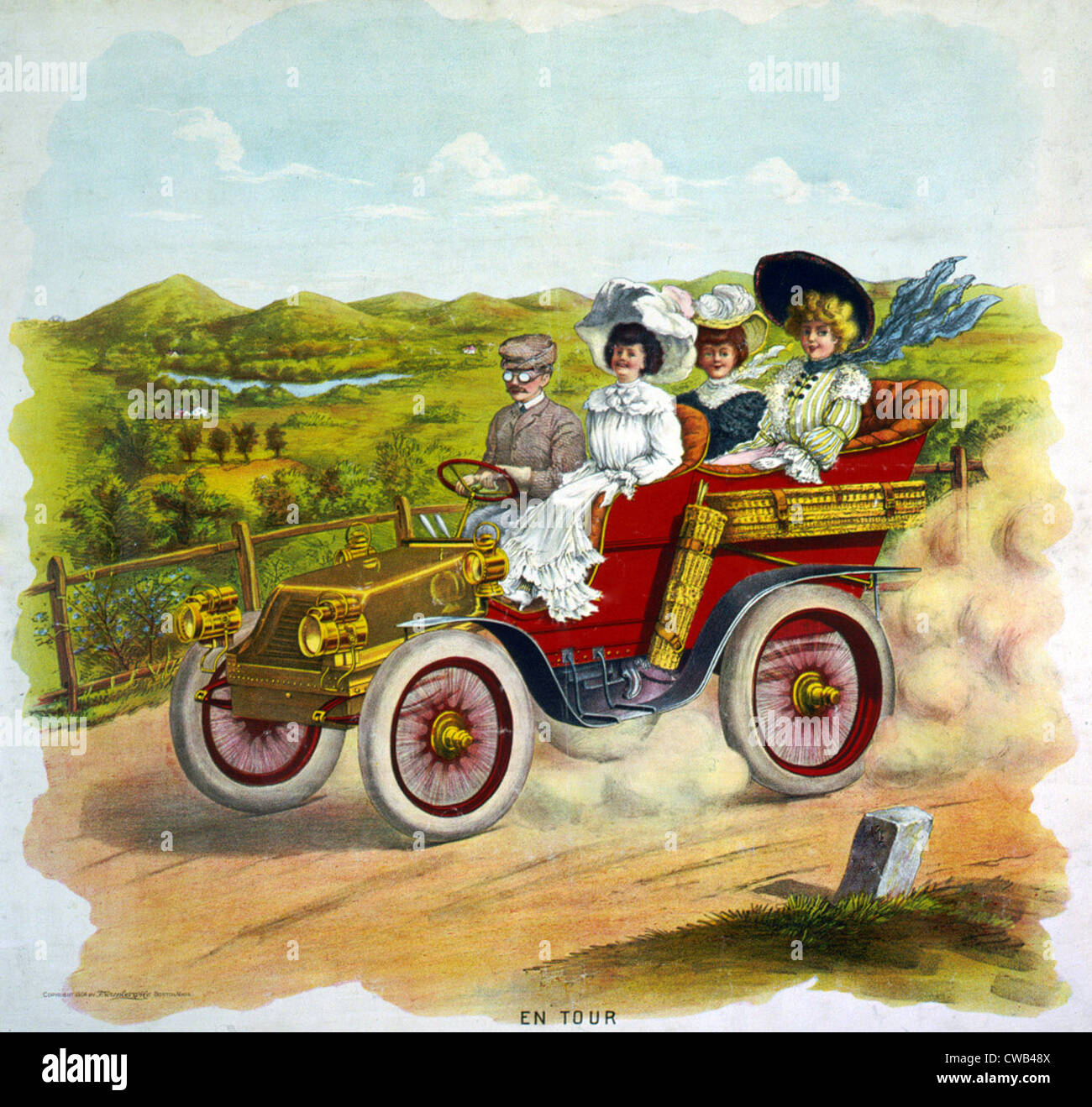 Les voitures. En tournée, l'illustration de trois femmes et un homme équitation dans des voitures de tourisme dans le pays, ca colorlithograph. 1904 Banque D'Images