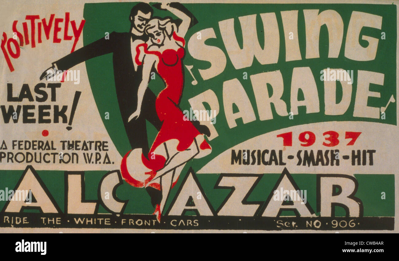 Pour l'affiche de présentation du projet théâtre fédéral 'Swing Parade' au théâtre de l'Alcazar, montrant un homme et femme dansant, texte Banque D'Images