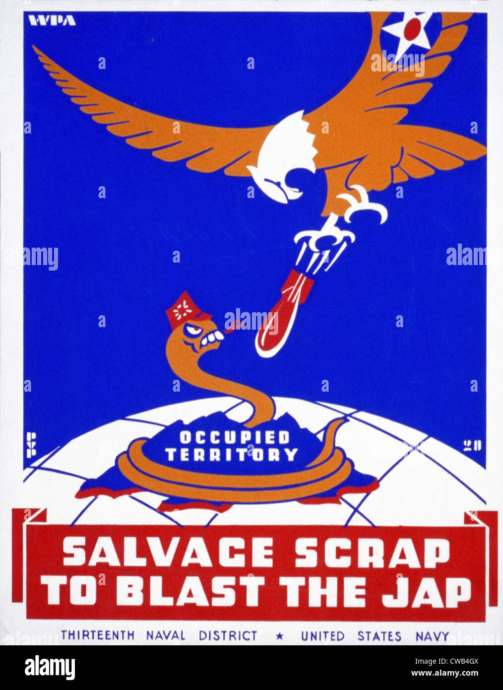 La Seconde Guerre mondiale, pour l'affiche de la treizième district naval, United States Navy, montrant un serpent représentant le Japon bombardé par un Banque D'Images