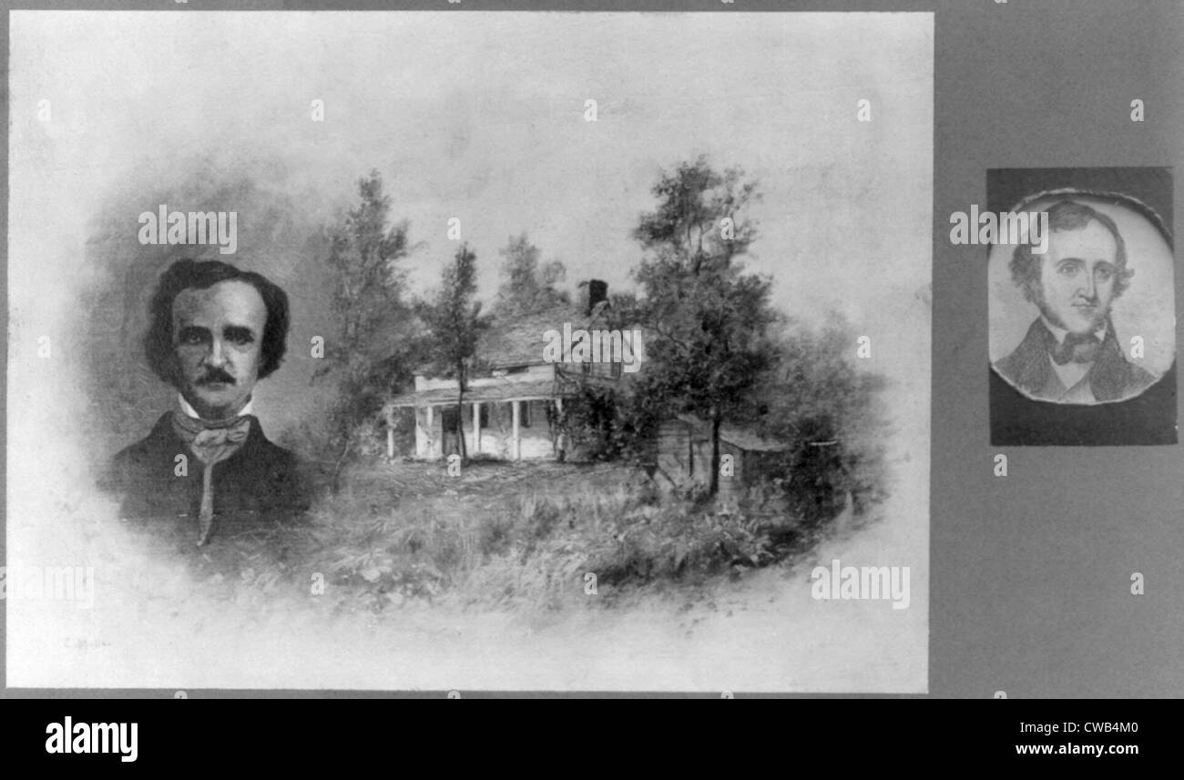 Edgar Allan Poe, (1809-1849), Composite de la tête-et-épaules portrait d'Edgar Allan Poe et Fordham House, New York, novembre Banque D'Images