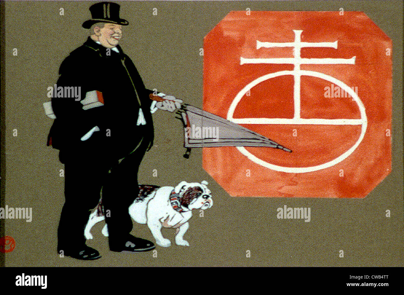 Un grand homme avec un grand chapeau, un parapluie, et d'un bulldog, titre original : 'Fat Man holding umbrella avec', Banque D'Images