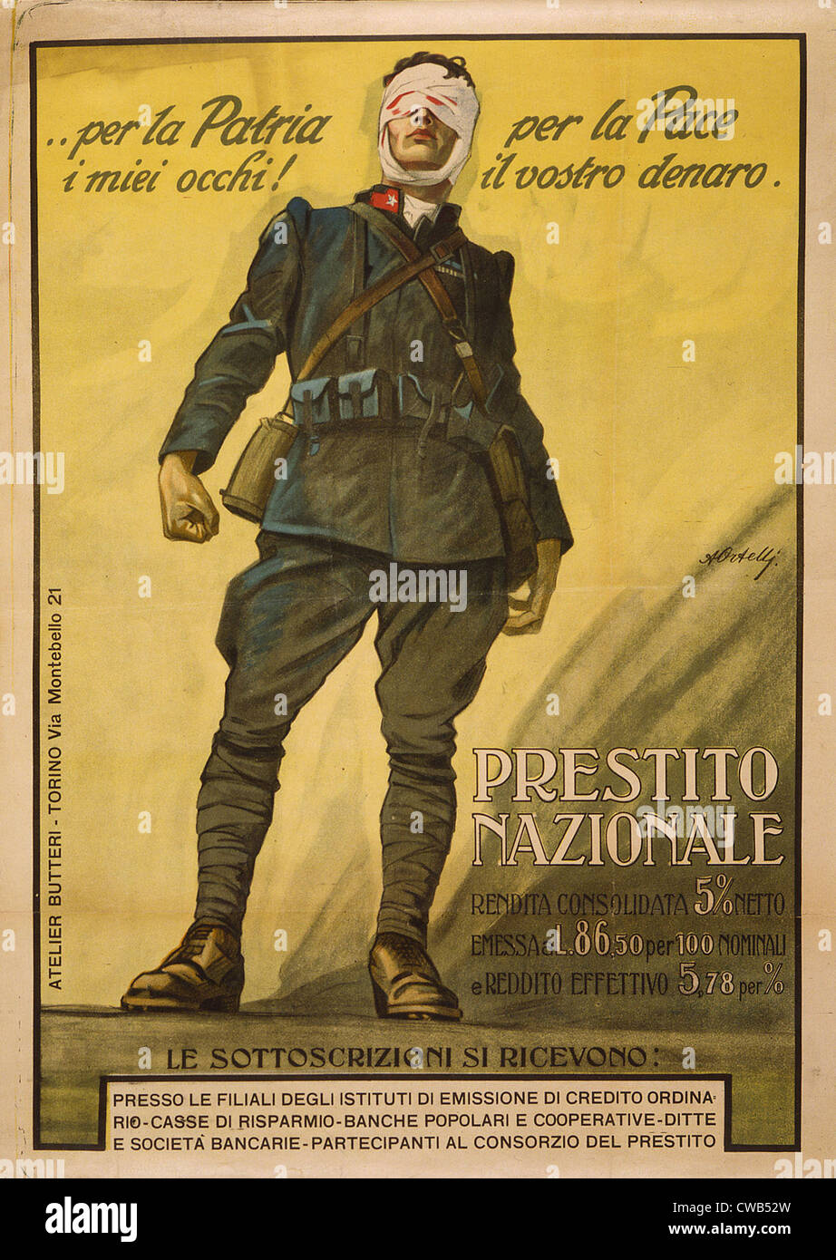 La Première Guerre mondiale, l'affiche montre un soldat italien blessé avec bandages tachée de sang enroulé autour de ses yeux. Texte : pour le pays, Banque D'Images