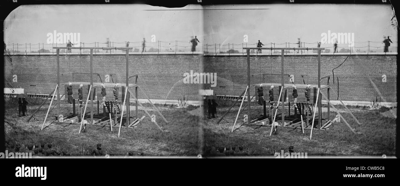 L'assassinat du président Abraham Lincoln, hanging hooded corps des quatre complices, les protections qu'en cour, Washington Banque D'Images