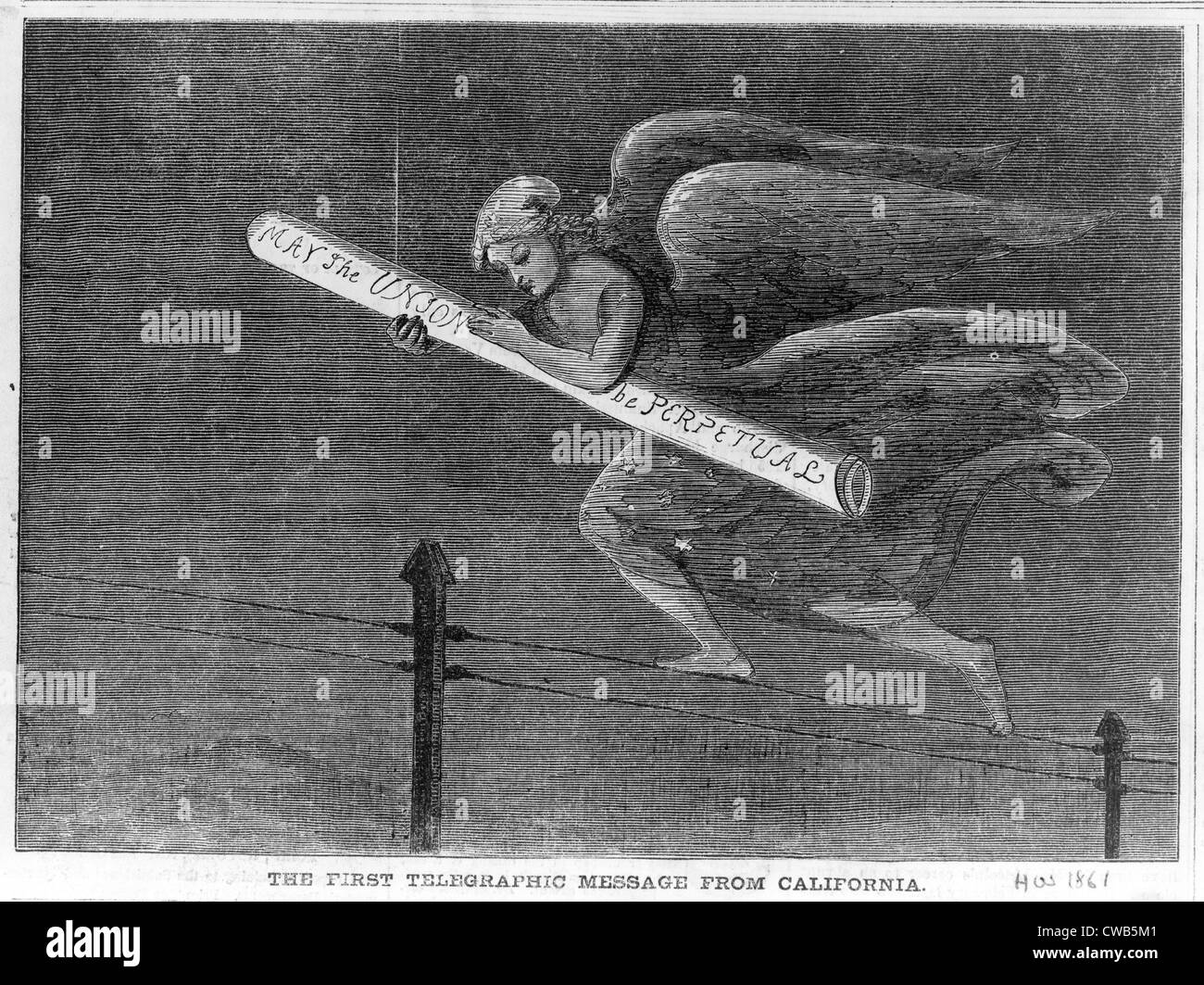 Telegraph. Gravure sur bois du premier message télégraphique transcontinentale de Californie. Ange transportant télégramme, 'que l'Union européenne Banque D'Images