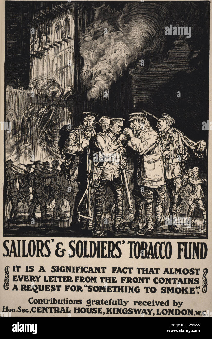 La Première Guerre mondiale, une affiche montrant des soldats fumeurs à l'extérieur d'une église endommagée, comme d'autres soldats en mars, titre original : 'Sailors' & Banque D'Images