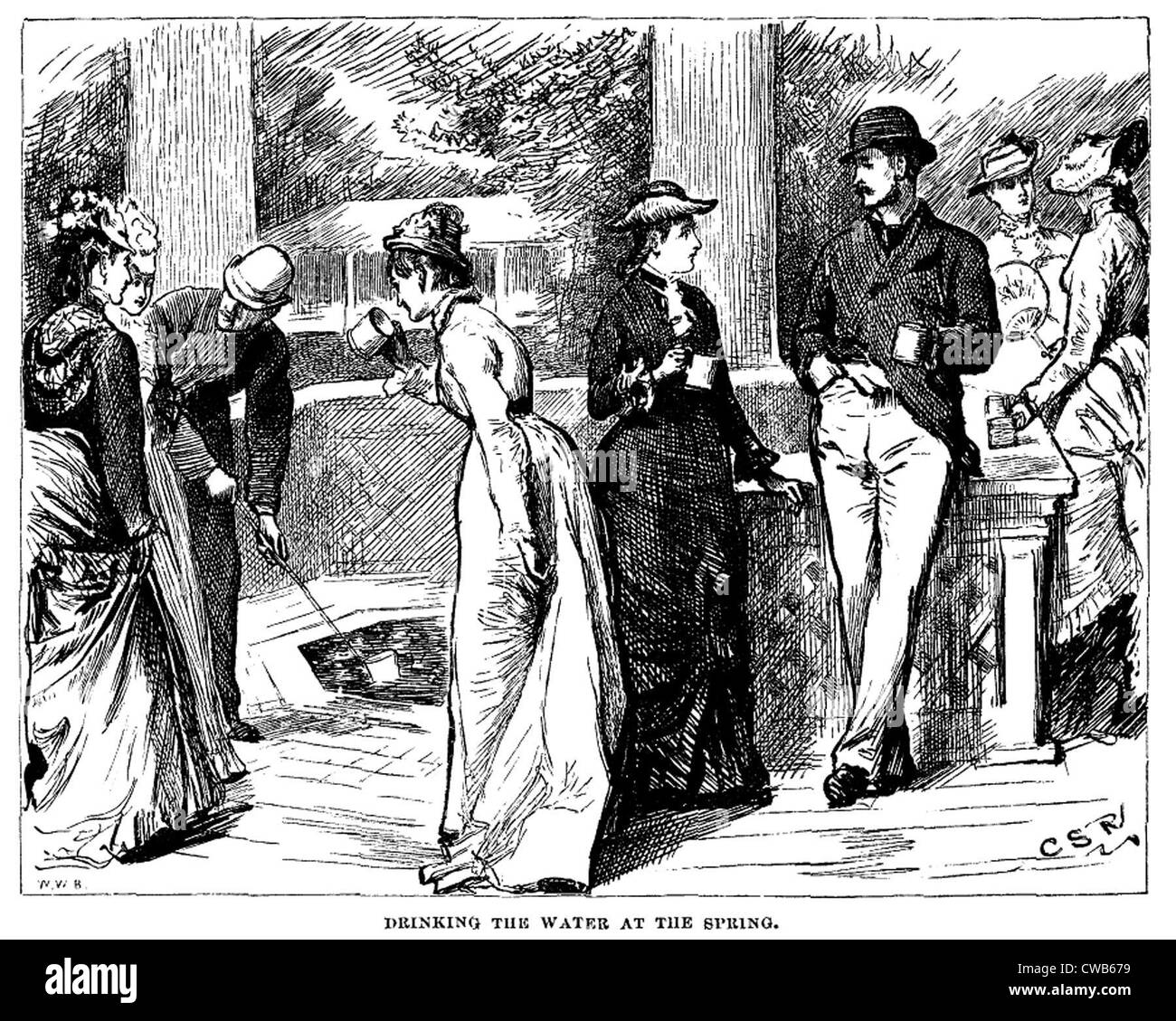 Le Greenbrier White Sulphur Springs, West Virginia. Les clients de l'époque victorienne les eaux de l'échantillon. Ca la gravure. 1878 Banque D'Images