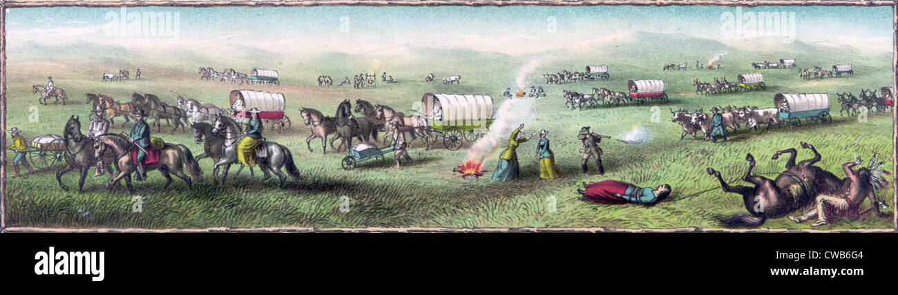 Wagon Train à l'Ouest. Une scène imaginaire d'un wagon train indien avec attaque. couleur, 1887 Banque D'Images