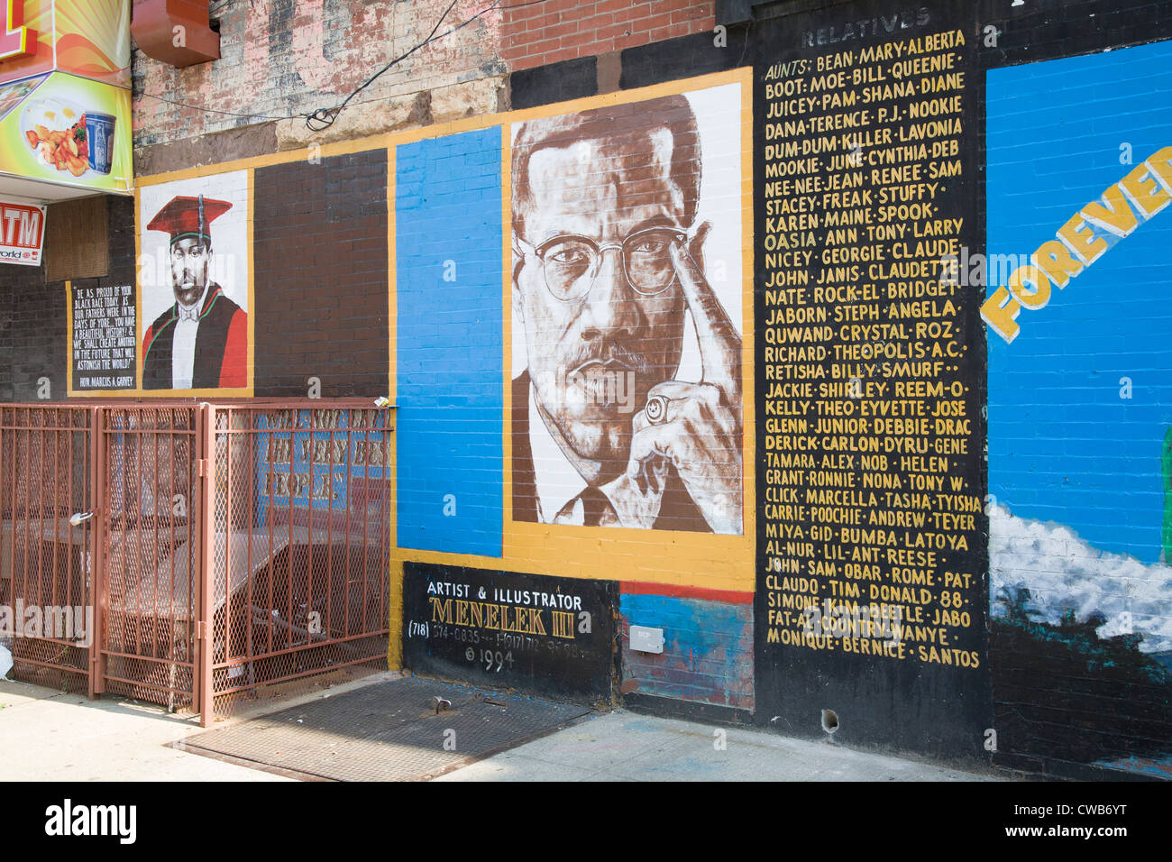 Murale commémorative de Malcolm X sur un mur dans le quartier Bedford Stuyvesant de Brooklyn, New York.Malcolm X Banque D'Images