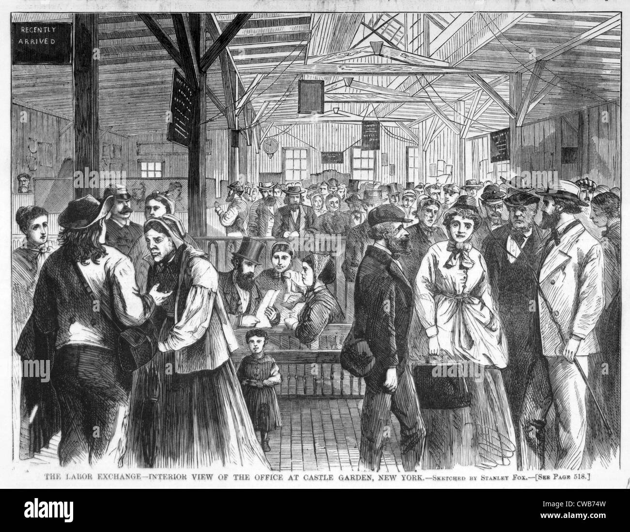 La bourse du travail--vue de l'intérieur de l'office à Castle Garden, New York. Ca la gravure. 1868 Banque D'Images