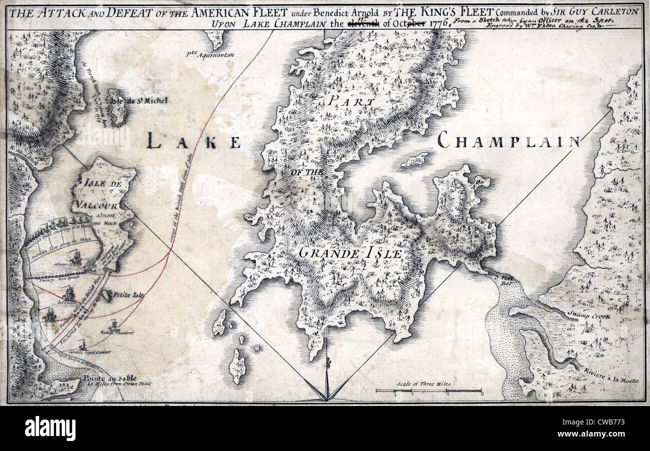 La Révolution américaine. La bataille de l'île de Valcour, le lac Champlain, au Vermont. William Faden, 1776 Banque D'Images