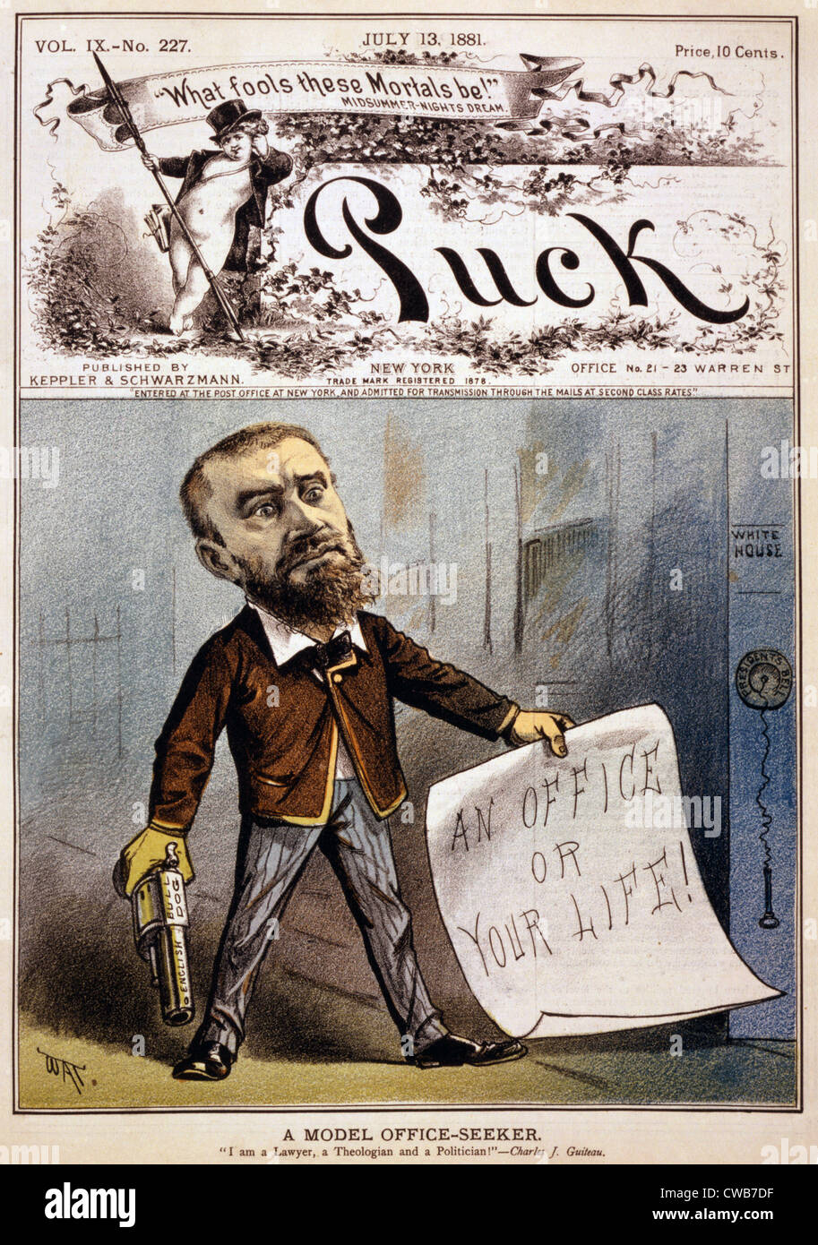 Caricature de Charles J. Guiteau assassin présidentiel holding pistolet et l'étude la lecture, 'un bureau ou votre vie !". Color Banque D'Images