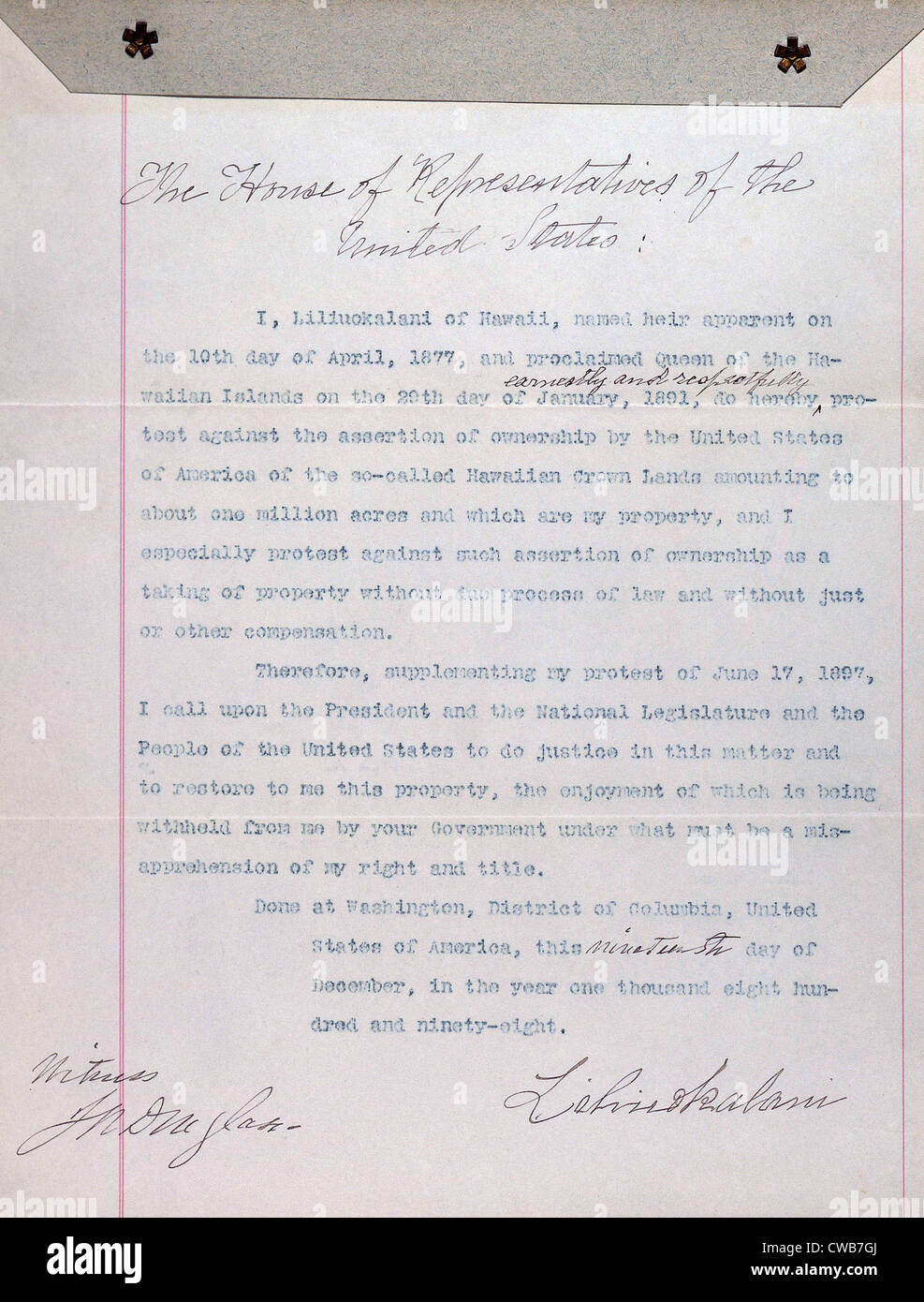 Hawaii. Lettre de la Reine Liliuokalani, d'Hawaii à Chambre des représentants des États-Unis pour protester contre l'affirmation de la propriété de Banque D'Images