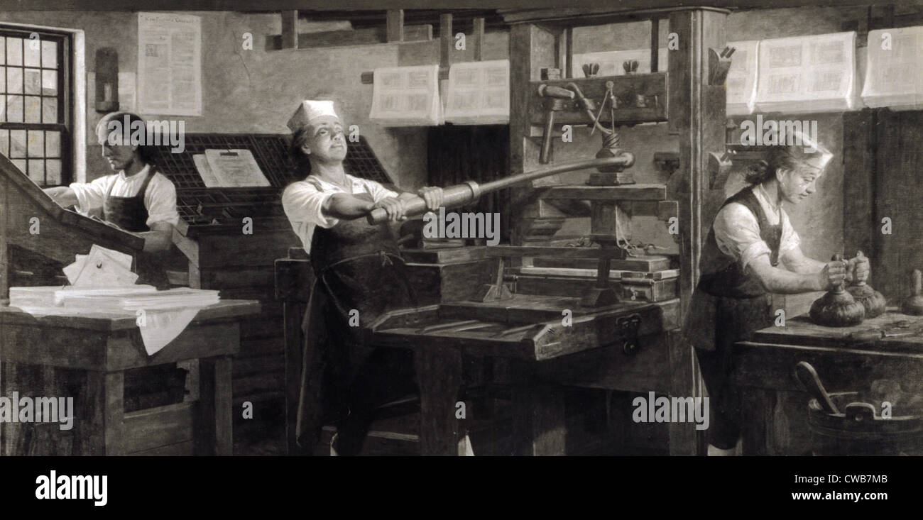 Benjamin Franklin l'imprimante. Illustration de Ben Franklin comme un jeune homme l'exploitation de son imprimerie à Philadelphie. 1914 Banque D'Images