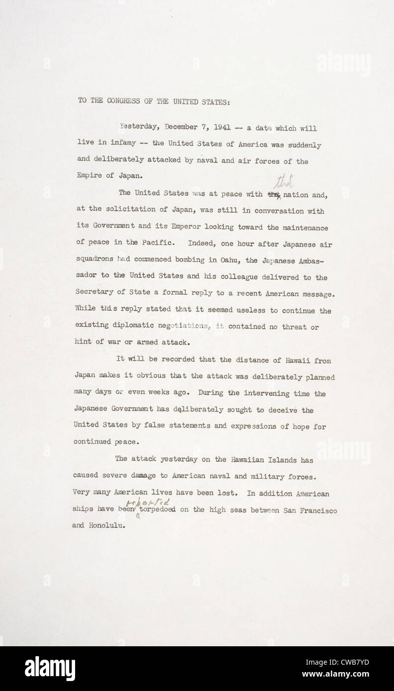 La Seconde Guerre mondiale. 'Jour de l'infamie' Discours de Franklin D. Roosevelt, qui demande que le Congrès déclarer la guerre à l'Empire japonais. Banque D'Images