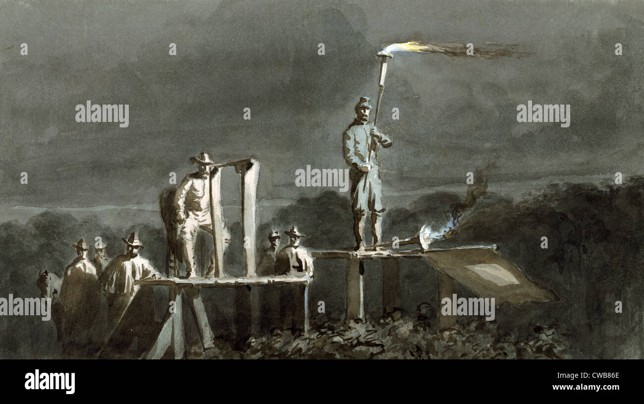 La guerre civile. Signalisation de nuit par des torches sur la James River. Aquarelle sur papier par William Waud. Octobre 1864 Banque D'Images