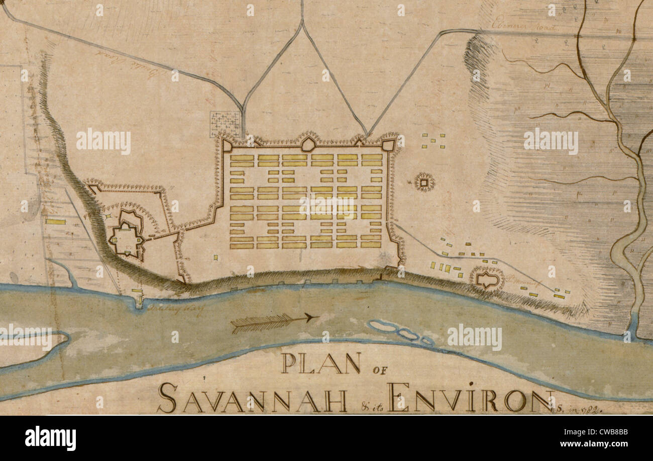 La Révolution américaine. Plan de Savannah et ses environs. Carte manuscrite. 1782 Banque D'Images