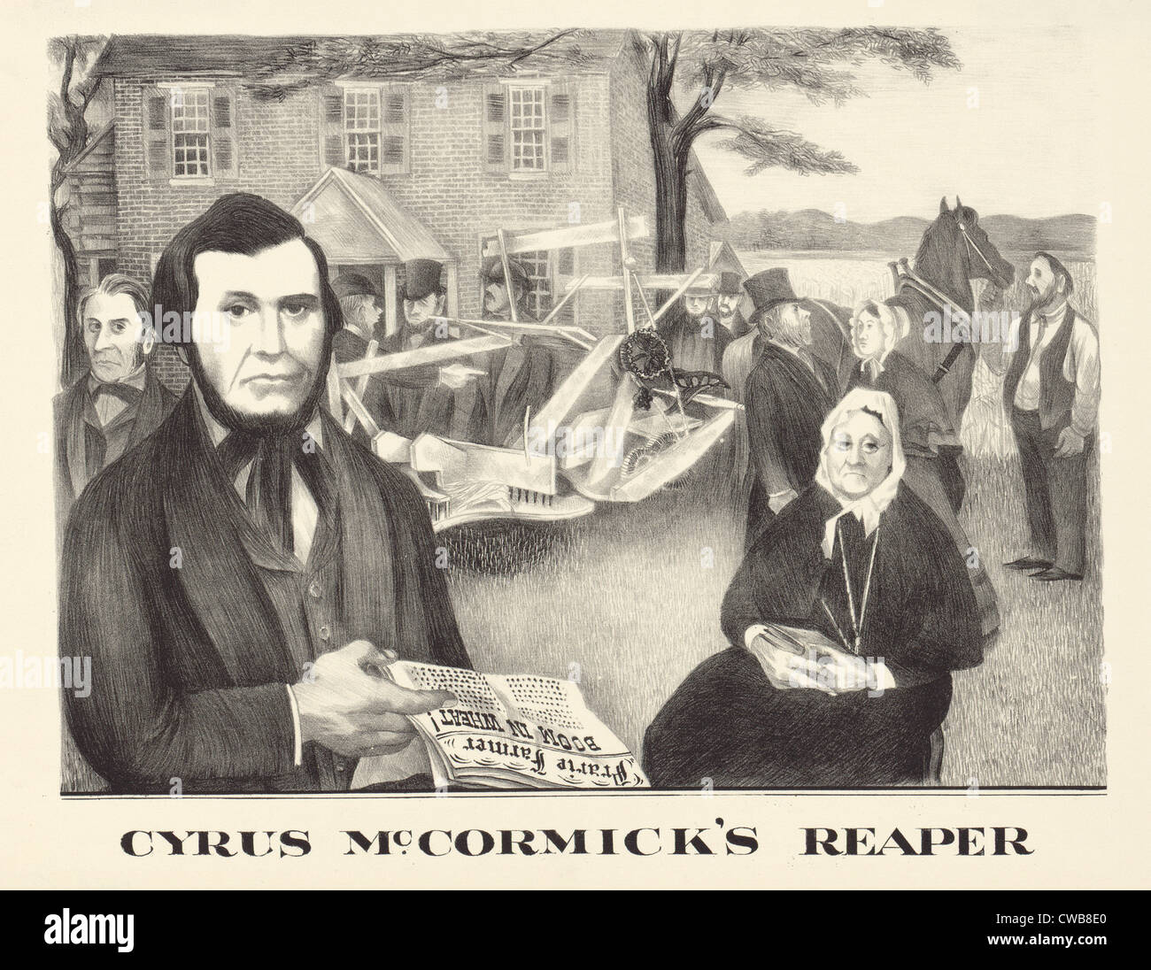 Cyrus McCormick's reaper. N'illustration de Cyrus McCormick et la moissonneuse mécanique qu'il a inventé. Lithographie de 1930 Banque D'Images