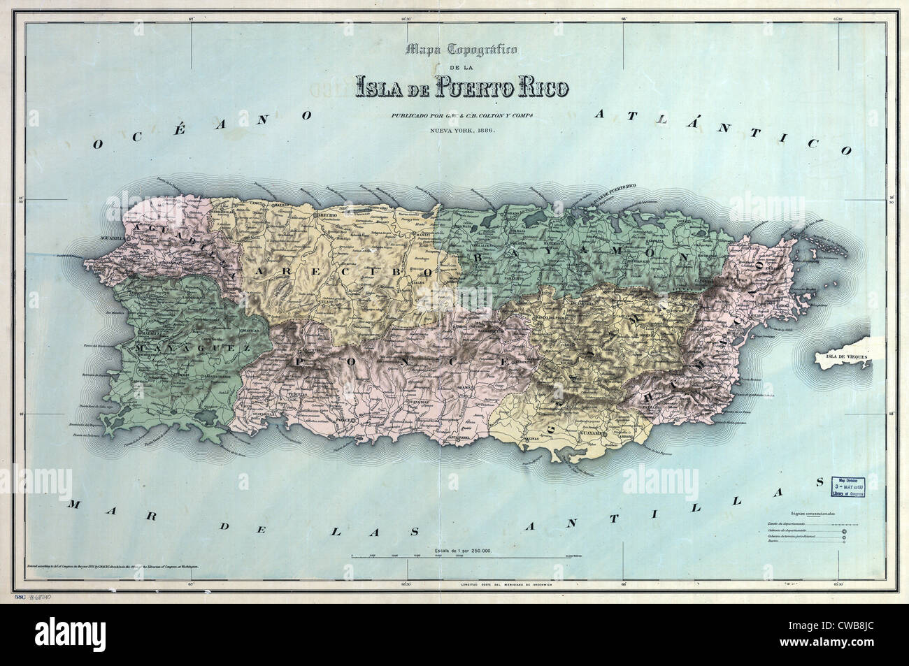 Carte topographique de l'île de Porto Rico. 1886 Banque D'Images