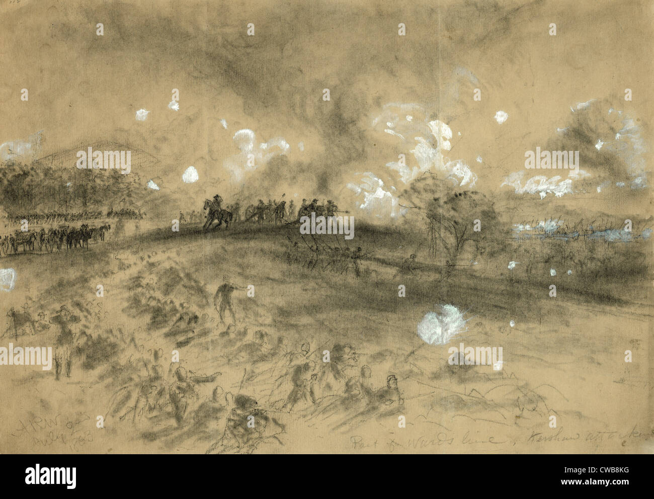 Il la guerre civile. La bataille de Gettysburg. Partie de Ward's line, Kershaw d'attaquer. A.R. Waud. 1863 Banque D'Images