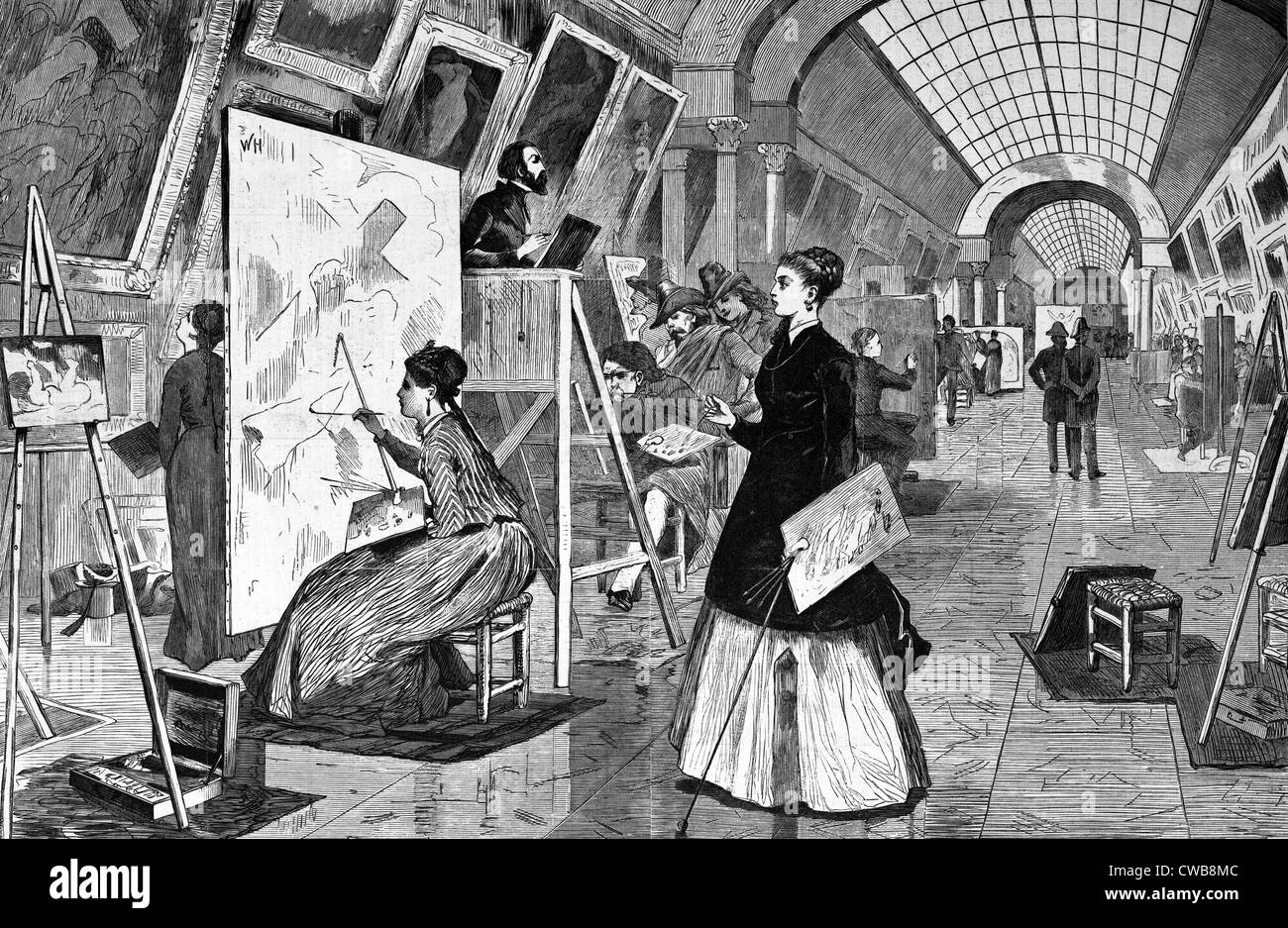 Art-étudiants et des copistes au travail dans une longue galerie éclairée, du Musée du Louvre, Paris, France. dessiné par Winslow Homer, 1868 Banque D'Images