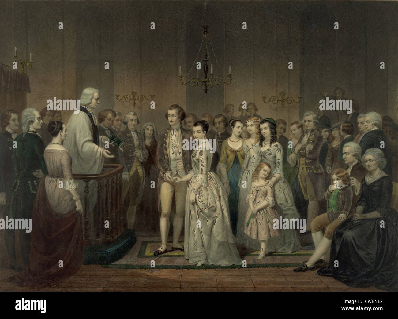 Mariage de George Washington et Martha Dandridge Custis le 6 janvier 1759 à sa succession en Virginie. 1854 Lithographie. Banque D'Images