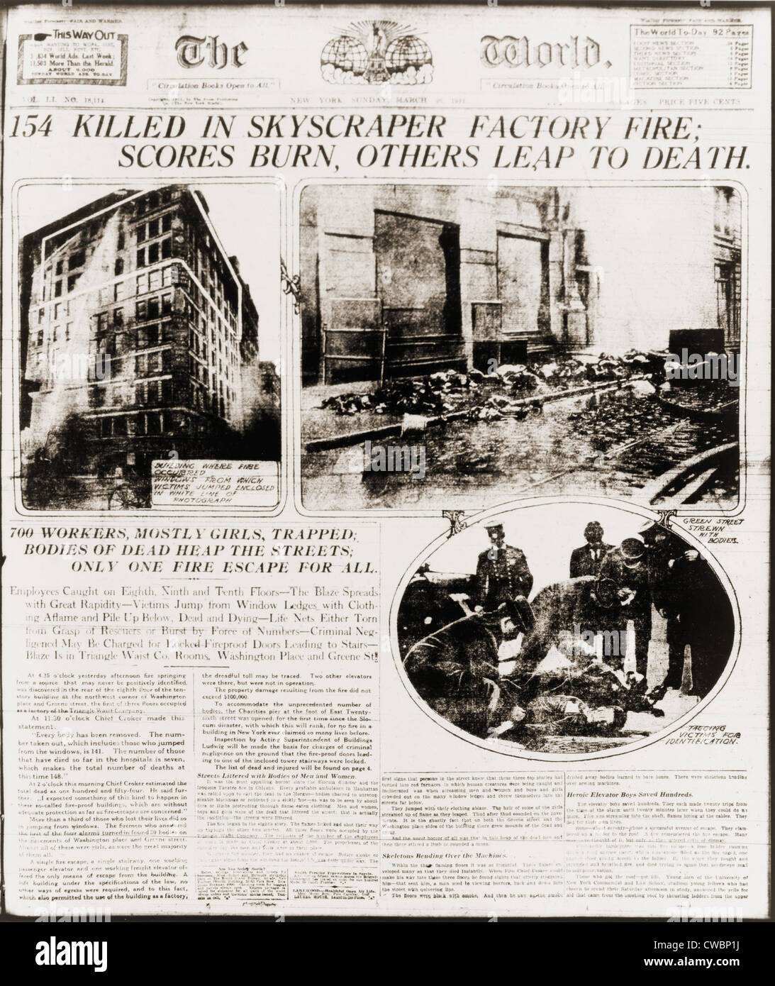 Triangle Shirtwaist Company fire signalé en première page du New York World journal pour le 16 mars, 1911 Banque D'Images