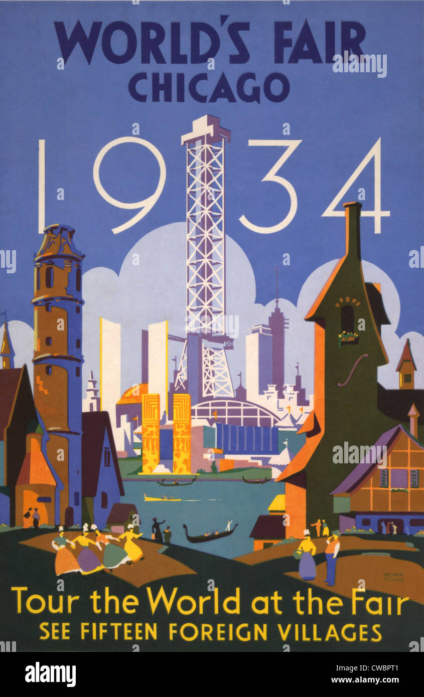 Affiche pour l'Exposition universelle de Chicago en 1934 montrant la foire avec horizon de Chicago. Le contraste de l'affiche Chicago moderne Banque D'Images