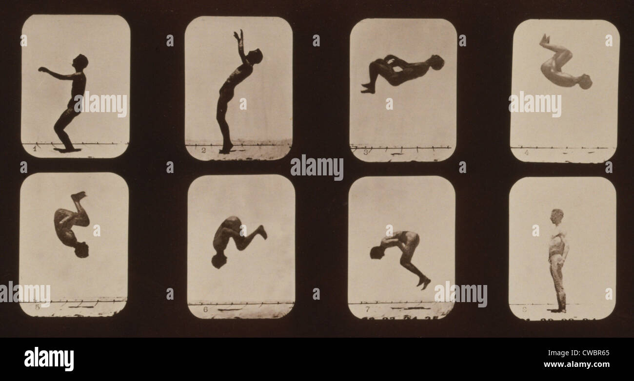 Des images consécutives d'un homme faisant un saut périlleux arrière. D'Eadweard Muybridge, LES ATTITUDES DES ANIMAUX EN MOUVEMENT, 1881. Banque D'Images