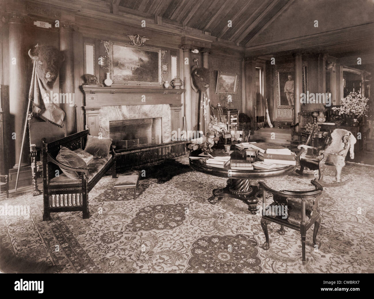 Salle des trophées à Sagamore Hill, maison d'été du président Theodore Roosevelt, avec têtes de bison, bearskin rug et bataille Banque D'Images