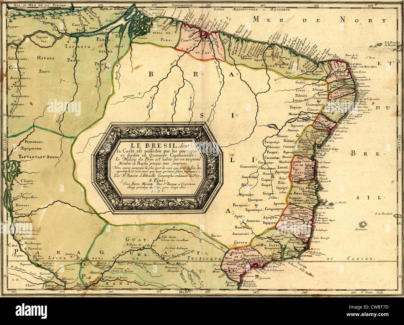 1756 Carte du Brésil, par définition géographique sur la côte. L'Amazone est hors du Brésil 1756 frontières coloniales. Banque D'Images