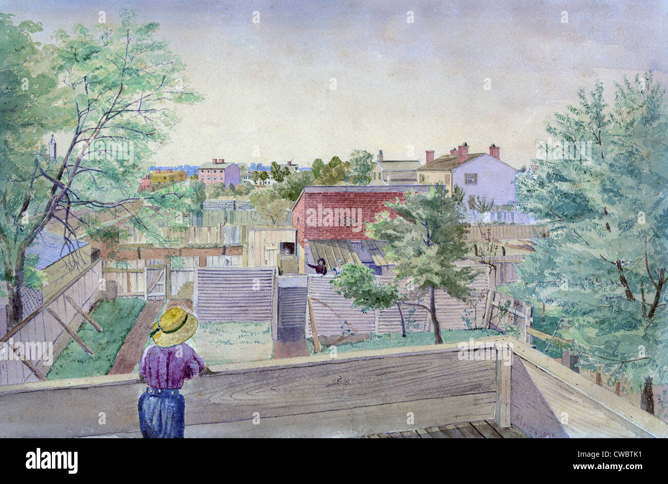 Washington, D.C., donnant sur l'arrière-cour et, quartier adjacent et montrant les enfants debout sur un balcon. Aquarelle de Banque D'Images