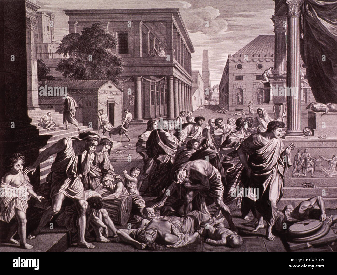 La peste d'Asdod ou d'épidémie parmi les Philistins. La scène de l'Ancien Testament montre la destruction du temple et l'idole Banque D'Images La peste d'Asdod ou d'épidémie parmi les Philistins. La scène de l'Ancien Testament montre la destruction du temple et l'idole Banque D'Images