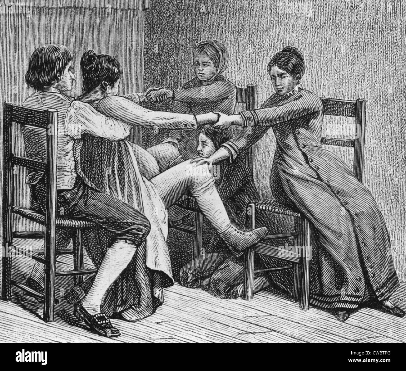 Pioneer scène la naissance de deux femmes et de deux hommes d'aider lors de l'accouchement de ca. 1800. Illustration de l'HISTOIRE DE NAISSANCE DE TOUS LES Banque D'Images