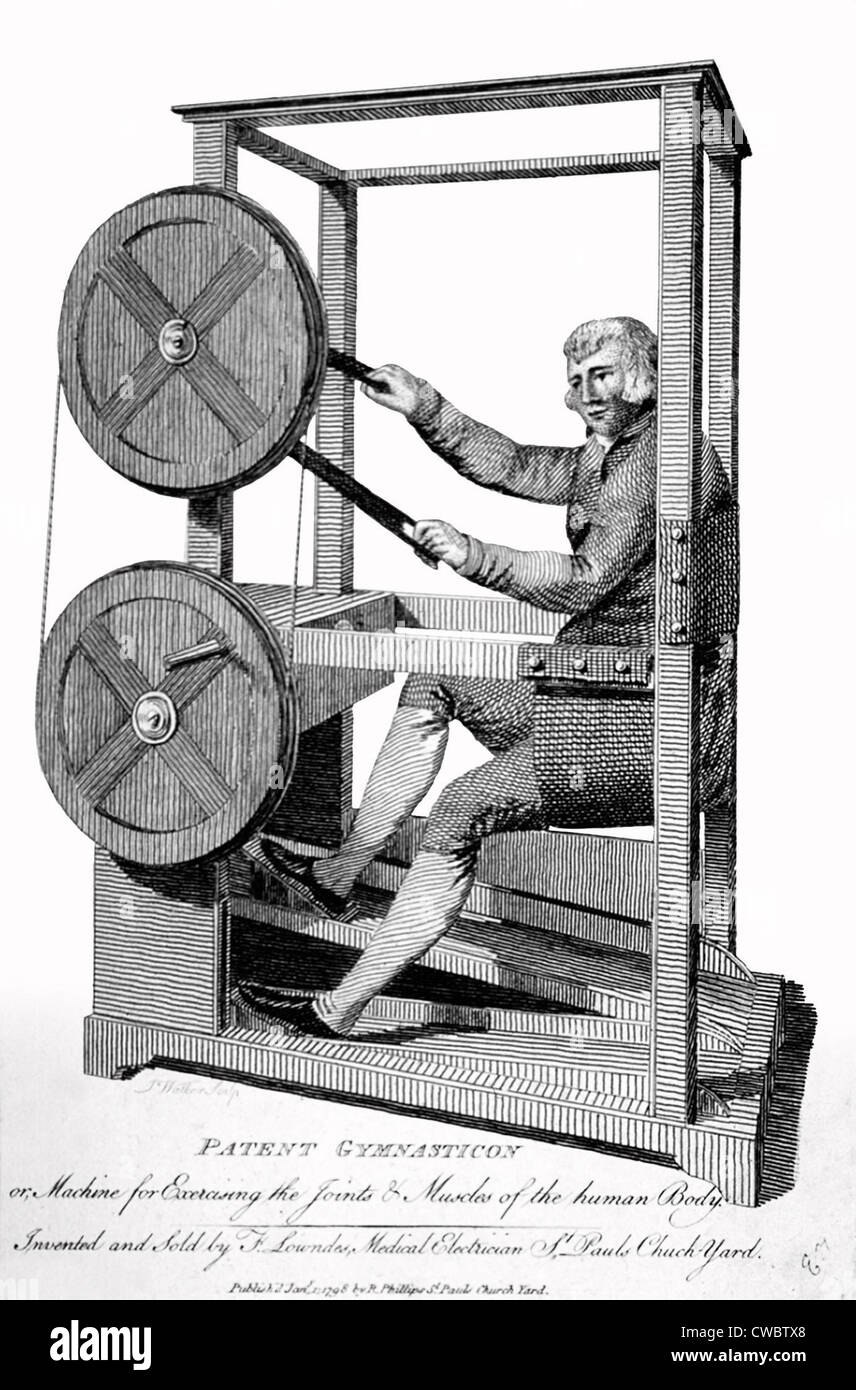 Patient médical Gymnasticon, une machine d'exercice des articulations et des muscles du corps humain. Gravure anglais du 18e siècle. Banque D'Images
