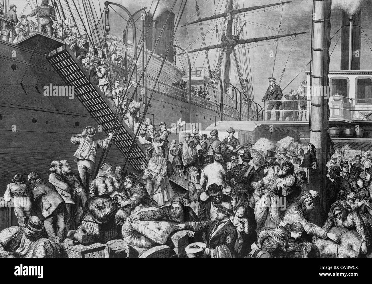 Les émigrants allemands pour New York s'embarquer dans un bateau à vapeur de Hambourg en 1874. L'émigration allemande vers les Amériques s'est poursuivi tout au long de Banque D'Images