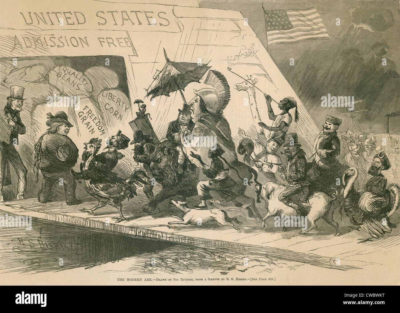 L'ARCHE MODERNE. Caricature politique sans restriction la satire de l'immigration dans les États-Unis en 1871. Les hommes de nombreuses courses et Banque D'Images