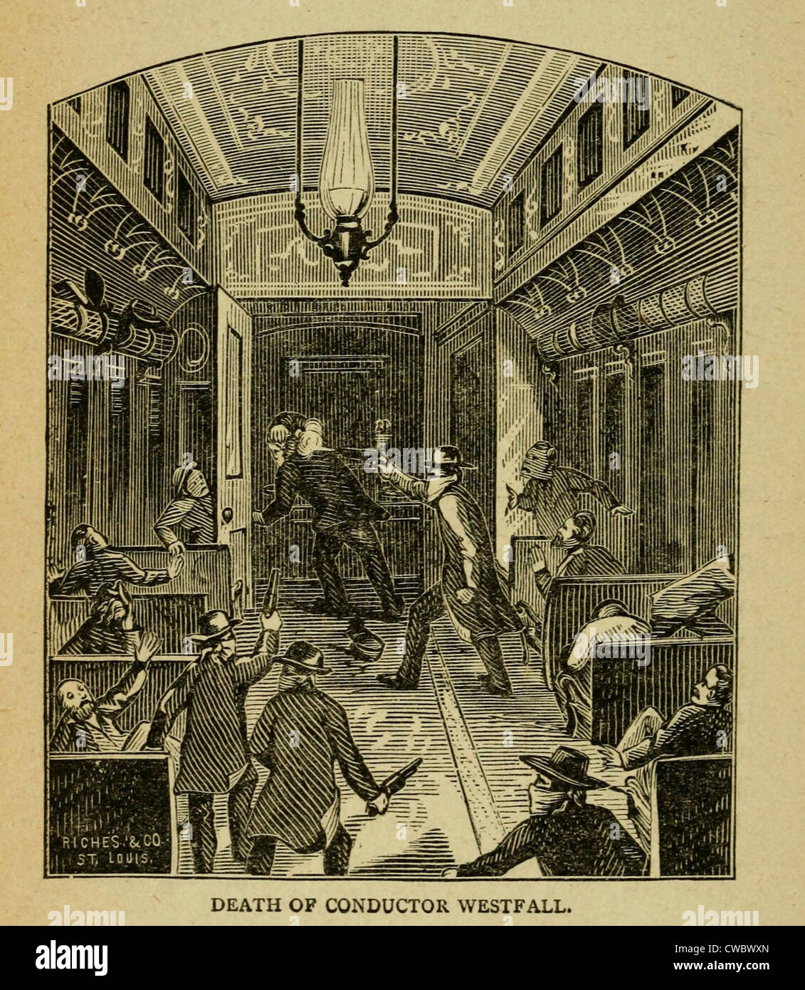 Voleurs masqués non identifiés, soupçonnée d'être le James gang, volé un train de voyageurs à Winston, New York le 15 juillet 1881. Banque D'Images
