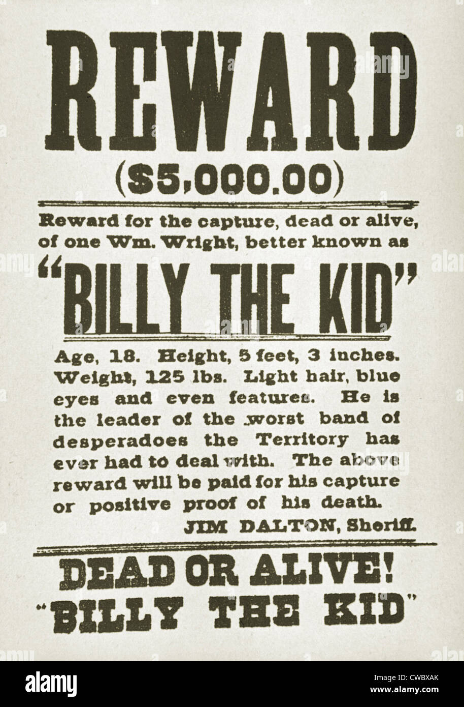 Avis de recherche pour Billy the Kid (1859-1881) offre de 5000 dollars de récompense, probablement émis en territoire du Nouveau-Mexique, après qu'il Banque D'Images